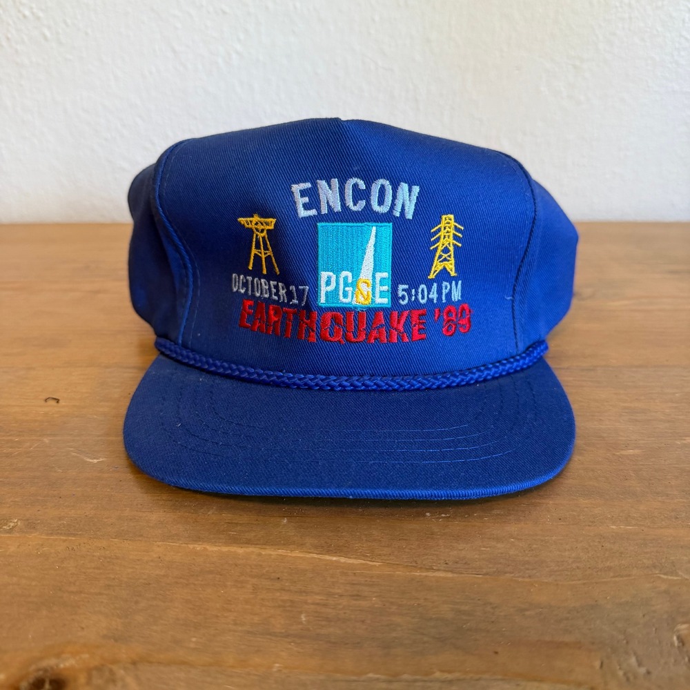 Vintage 1989 PG&E Loma Prieta‎ Earthquake ENCON Yupoong Blue Rope Hat Strapback
